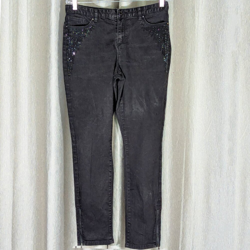 Cache - Black Denim Jeans with Rhinestone Embellished Pockets - 36" Waist Circ.